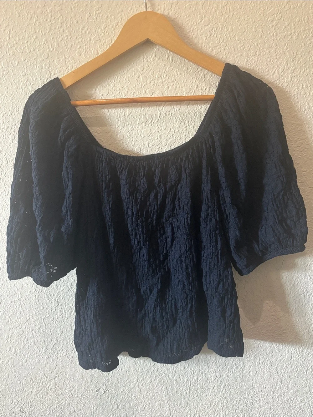 Women's Navy Peasant Blouse - Soft Plush Lace Top